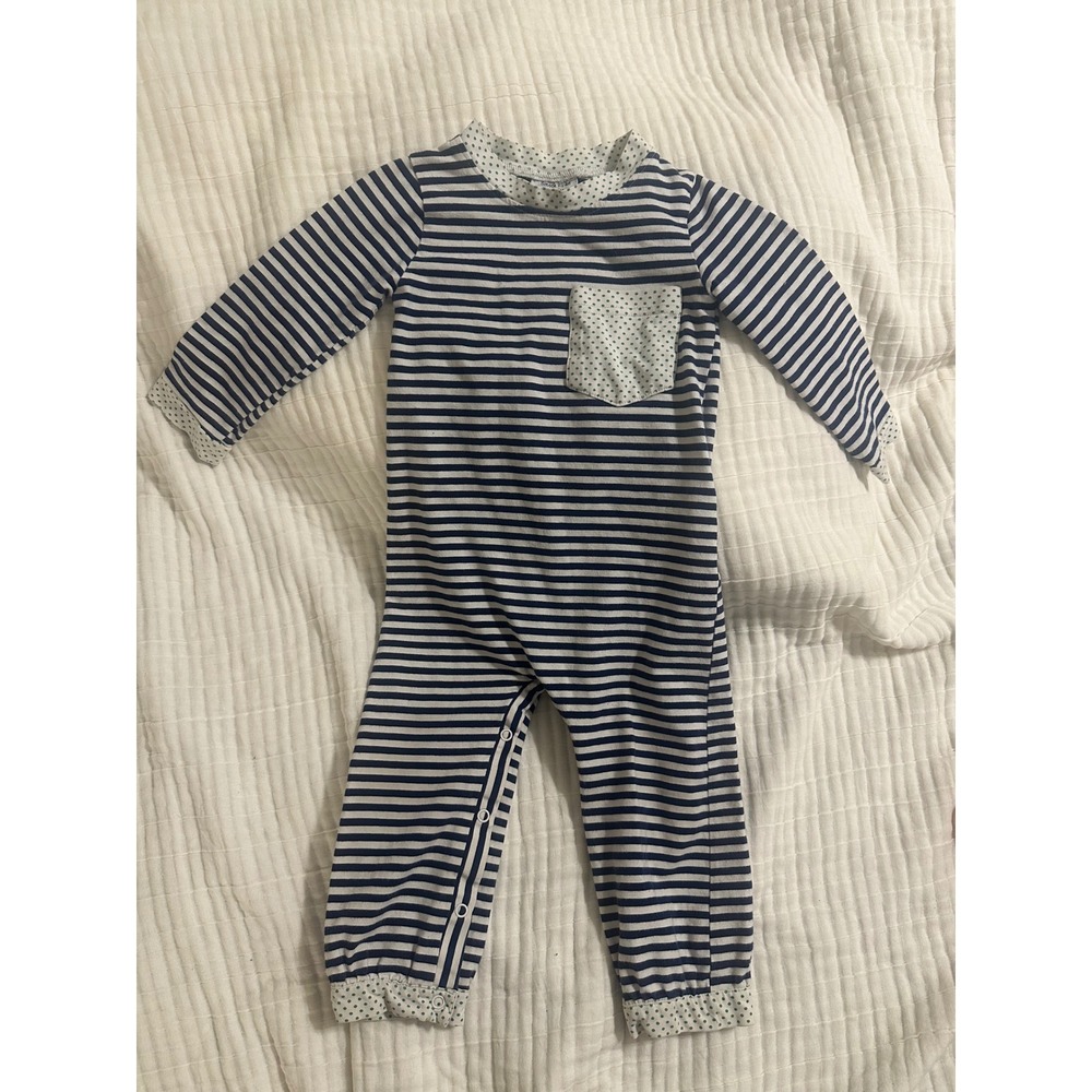 Smock It Like Its Hot Boys 24M Striped Romper Longall Navy White Polka Dot Trim